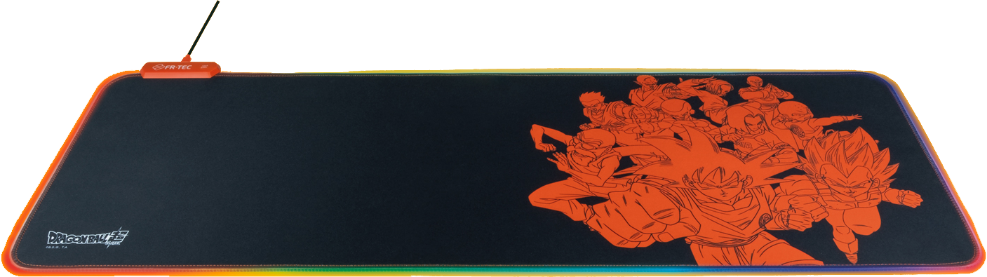 Egy nagy, fekete Dragon Ball Z egérpad narancssárga karakterillusztrációkkal és LED-szegéllyel.