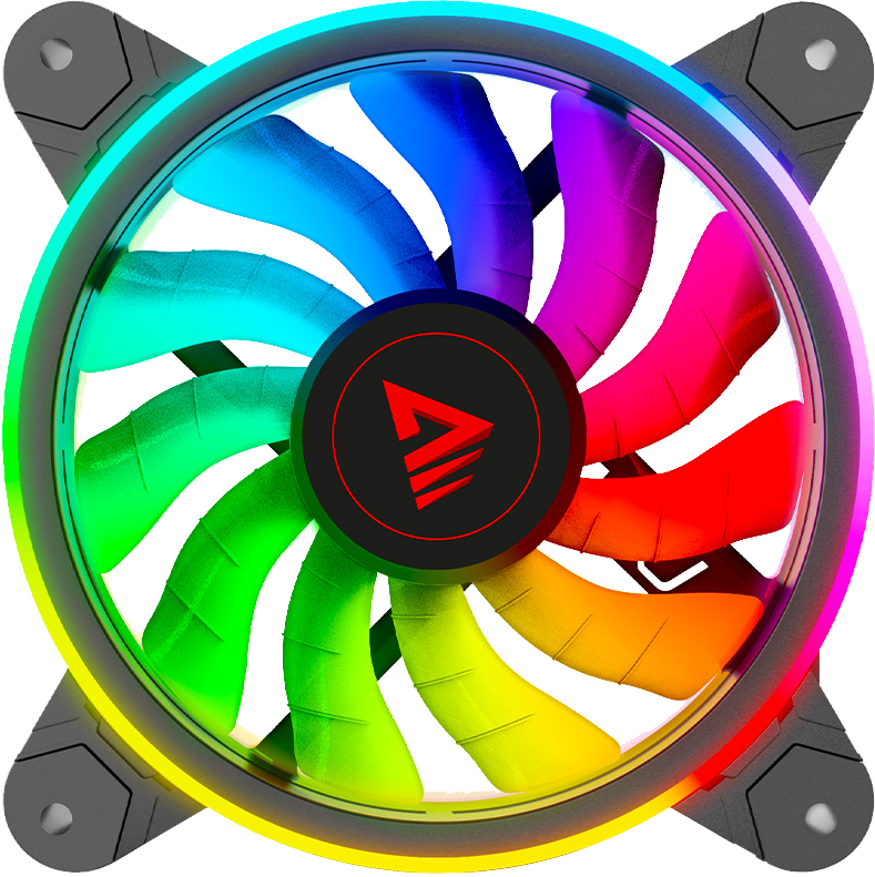 Számítógép ventilátor szivárványszínű lapátokkal és piros logóval.
