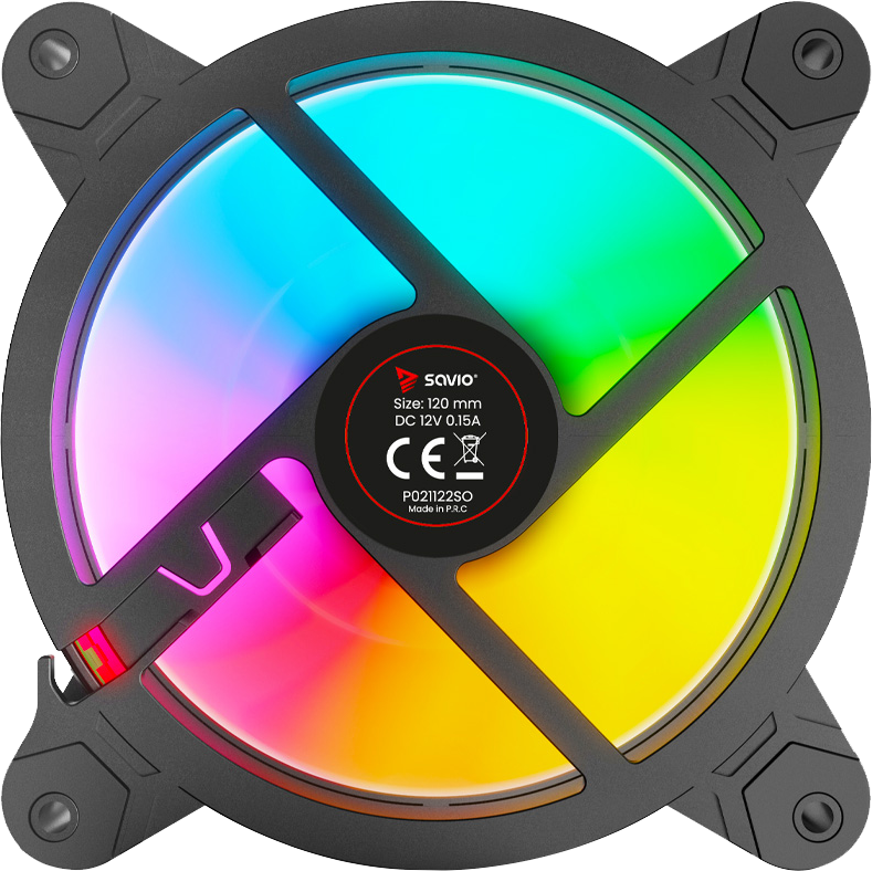 PC ventilátor többszínű LED-es lámpákkal. A ventilátor kör alakú.