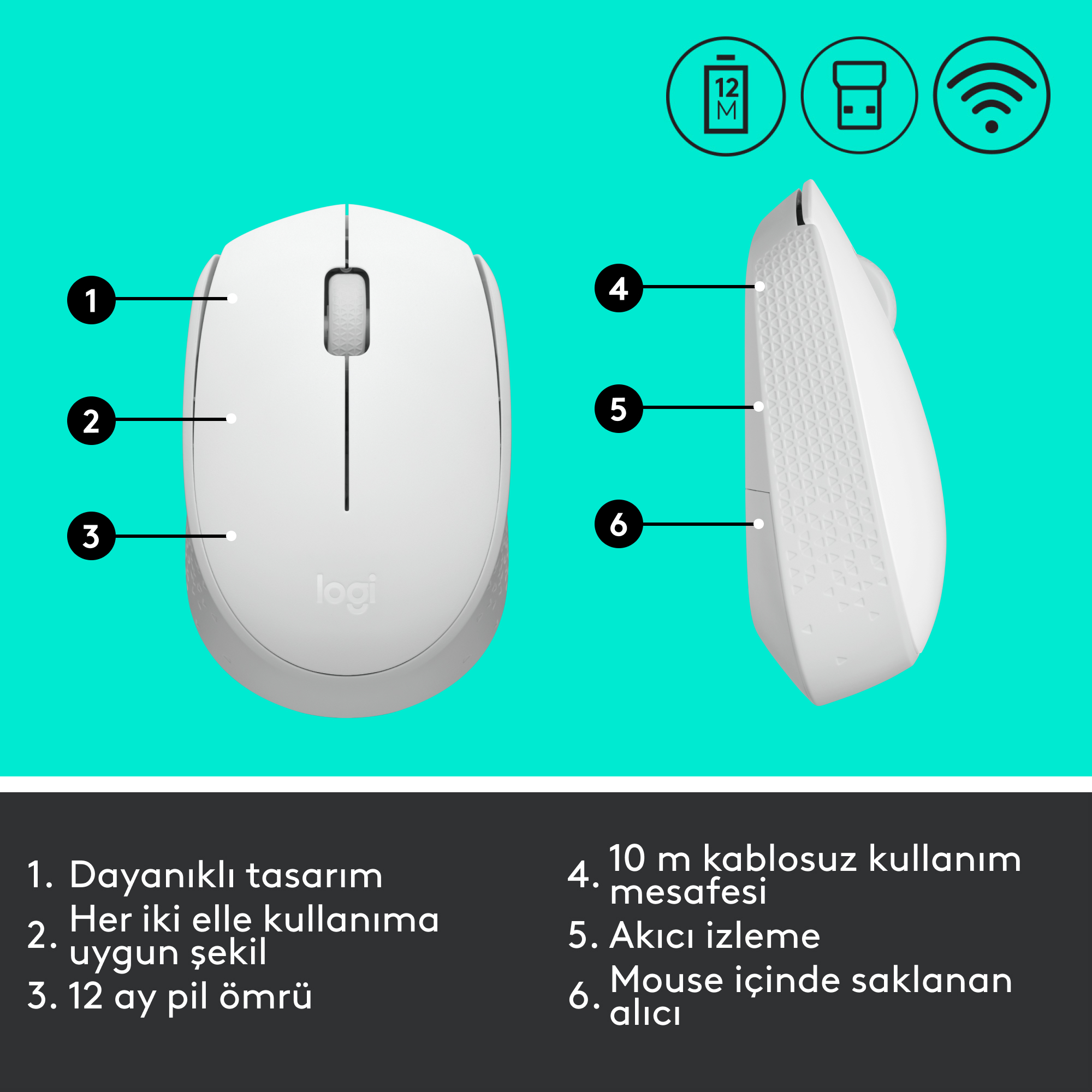 Numaralandırılmış özelliklere ve etiketli parçalara sahip beyaz bir kablosuz farenin üstten görünümü.