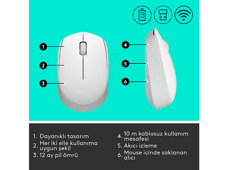 LOGITECH M171 USB Alıcılı Kablosuz Kompakt Mouse - Beyaz_6