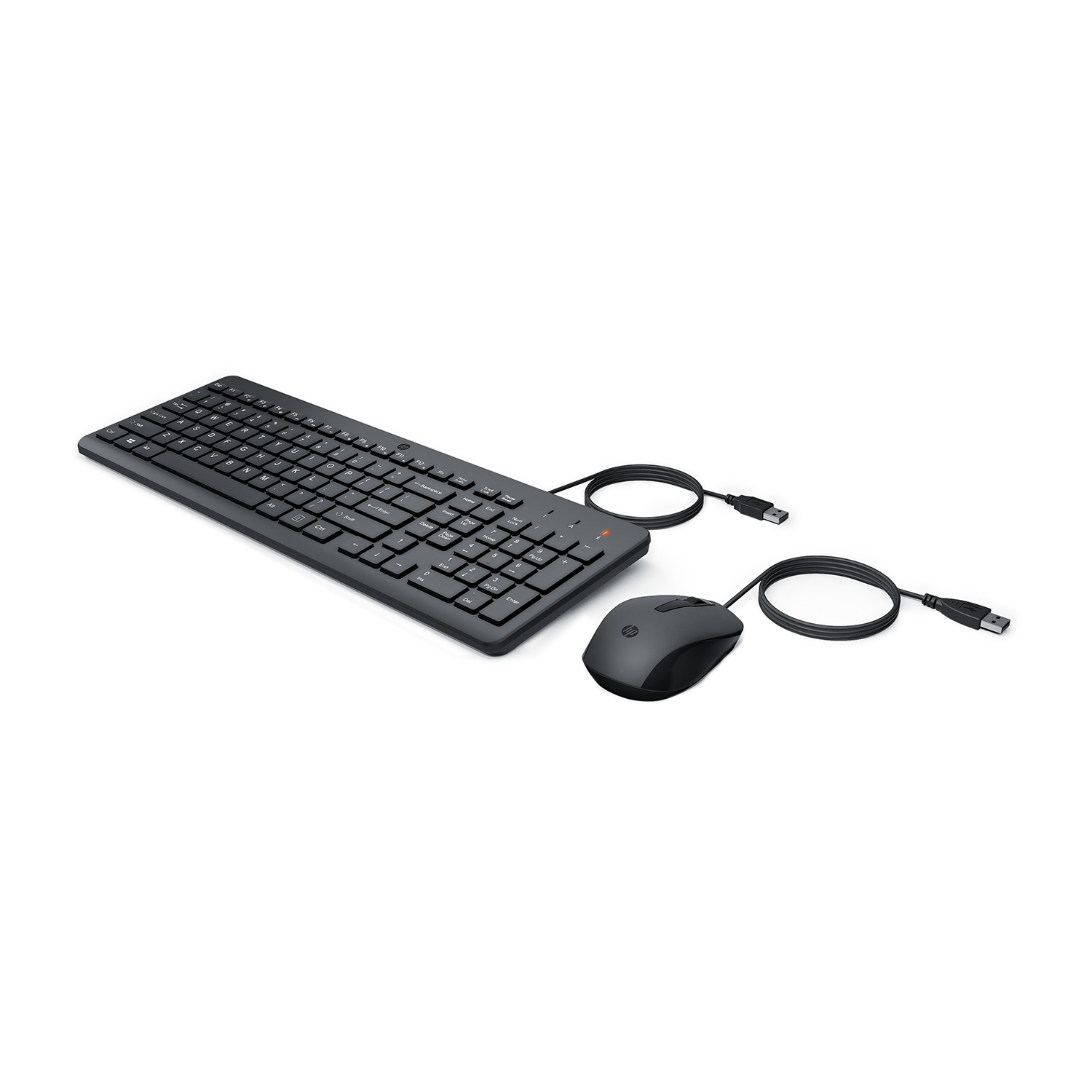 Un set di tastiera e mouse HP neri su sfondo bianco.