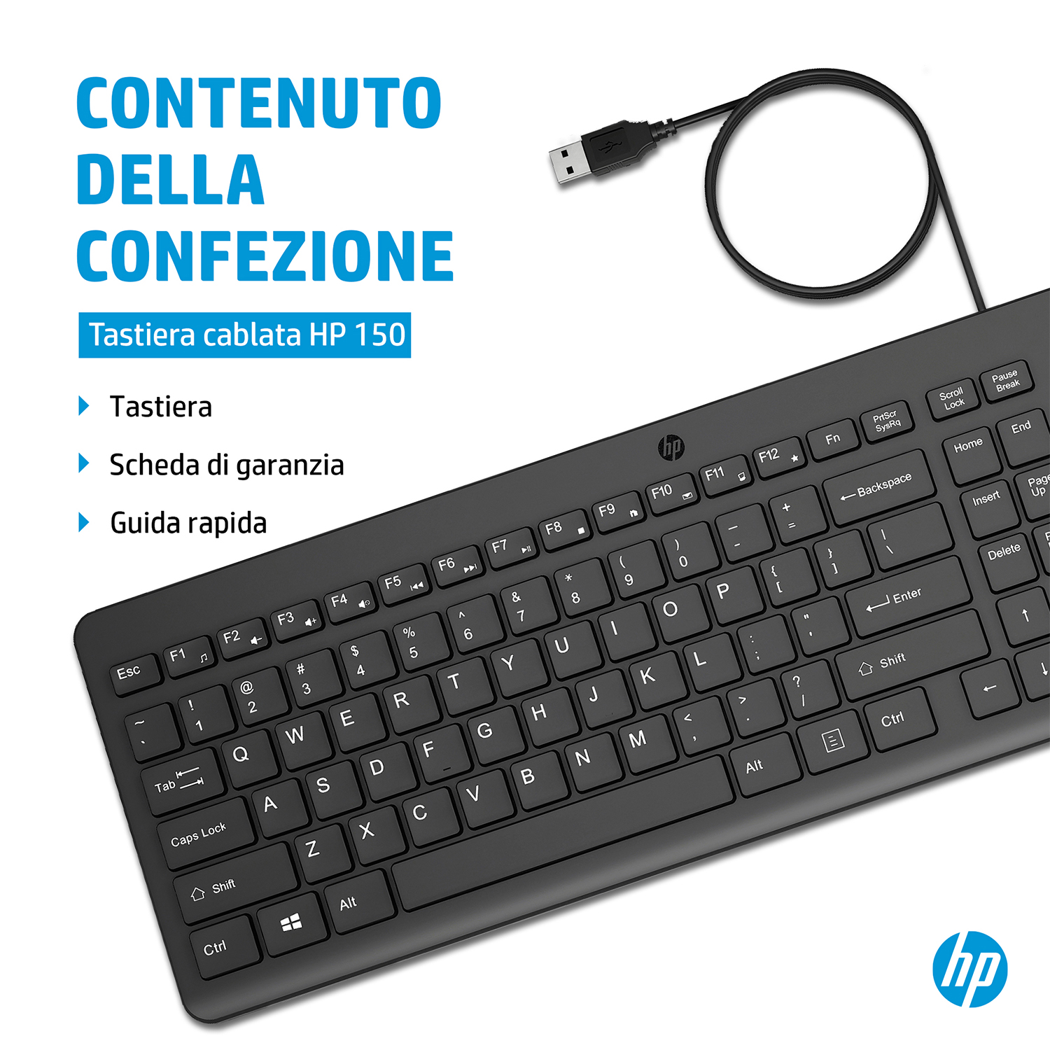 Una tastiera cablata HP 150 nera con cavo USB e un elenco degli elementi inclusi.