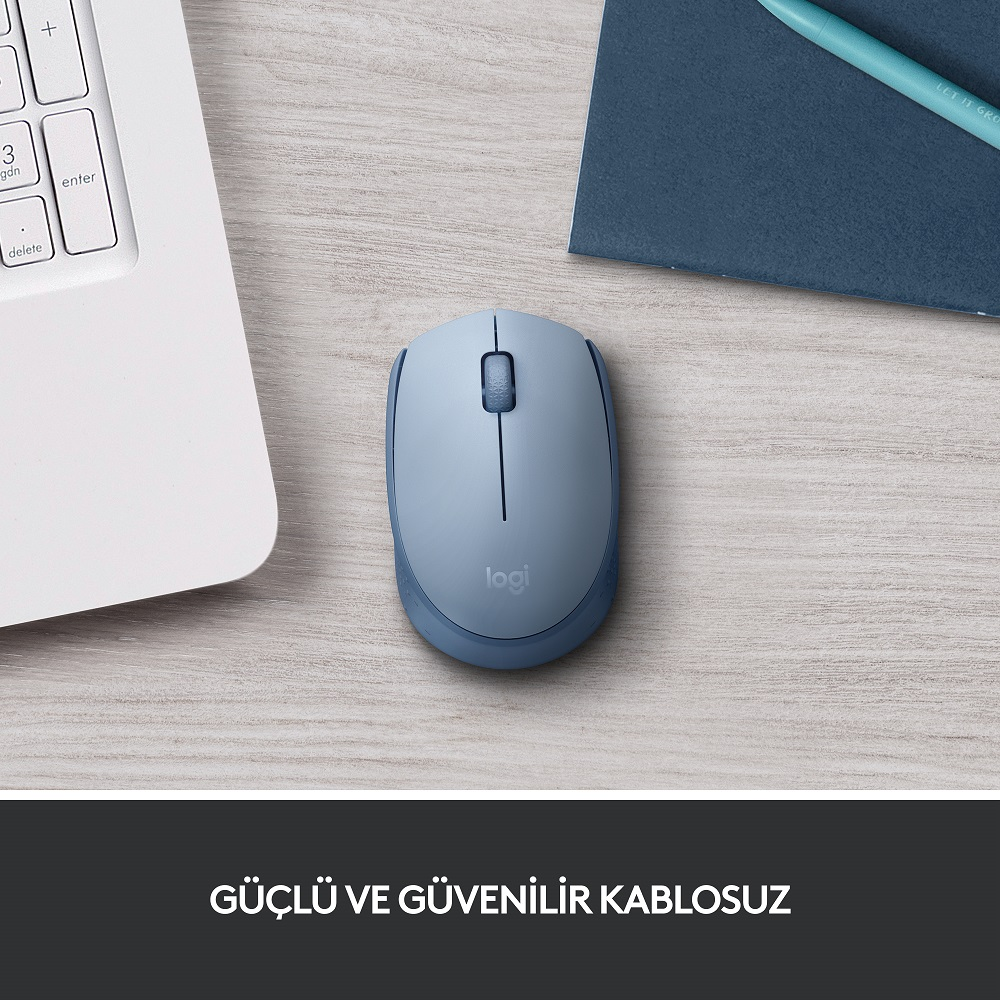 Açık ahşap bir masada beyaz bir klavyenin yanında açık mavi bir fare.