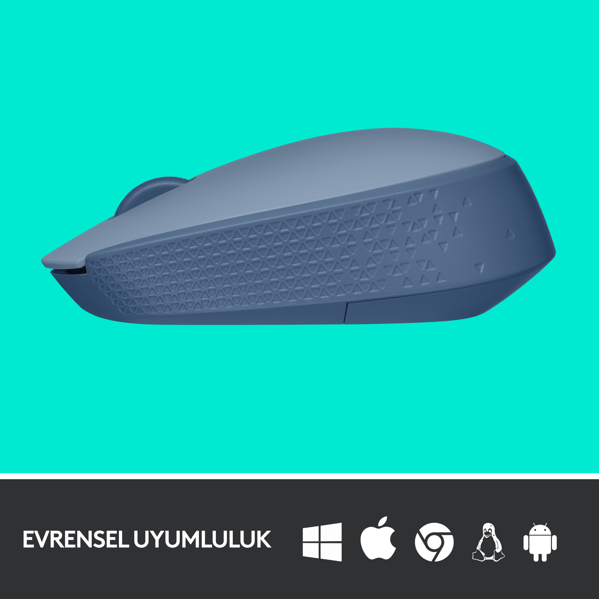 Mavi ve gri Logitech fare. Evrensel uyumluluk simgeleri altta yer alır.