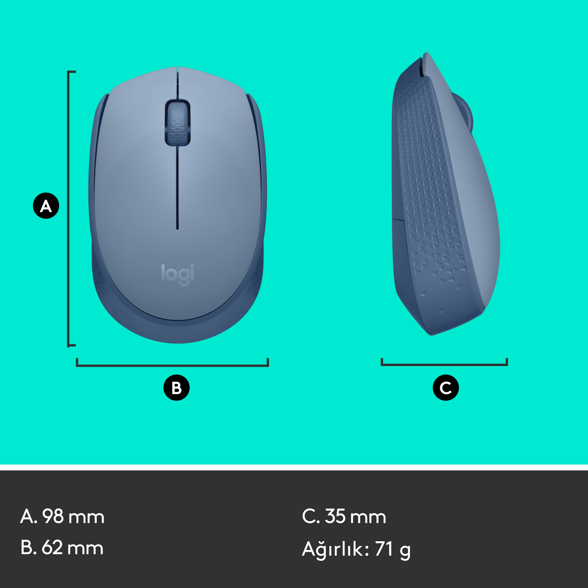 Mavi Logitech fare, boyutlar ve ağırlık bilgisi siyan arka planda.