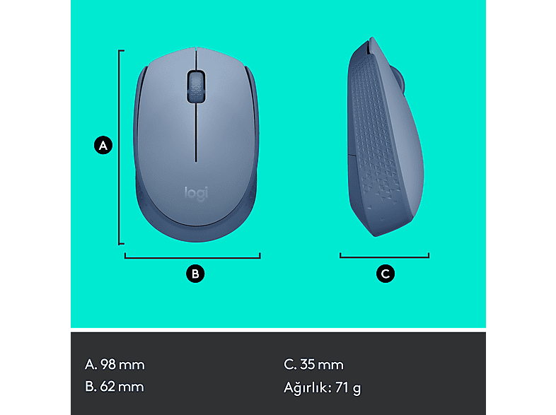 LOGITECH M171 USB Alıcılı Kablosuz Kompakt Mouse - Açık Mavi_7