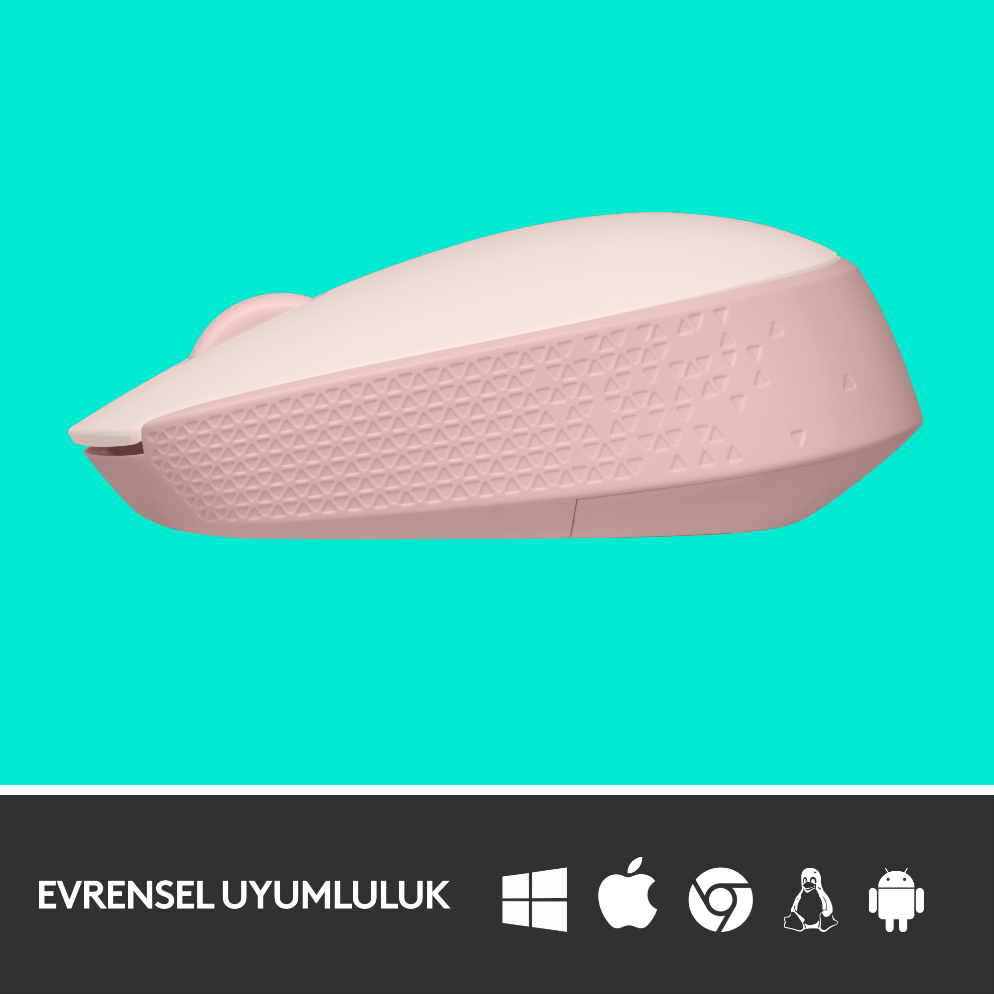 Evrensel uyumluluk simgeleriyle turkuaz bir arka plan üzerinde pembe bir kablosuz fare.