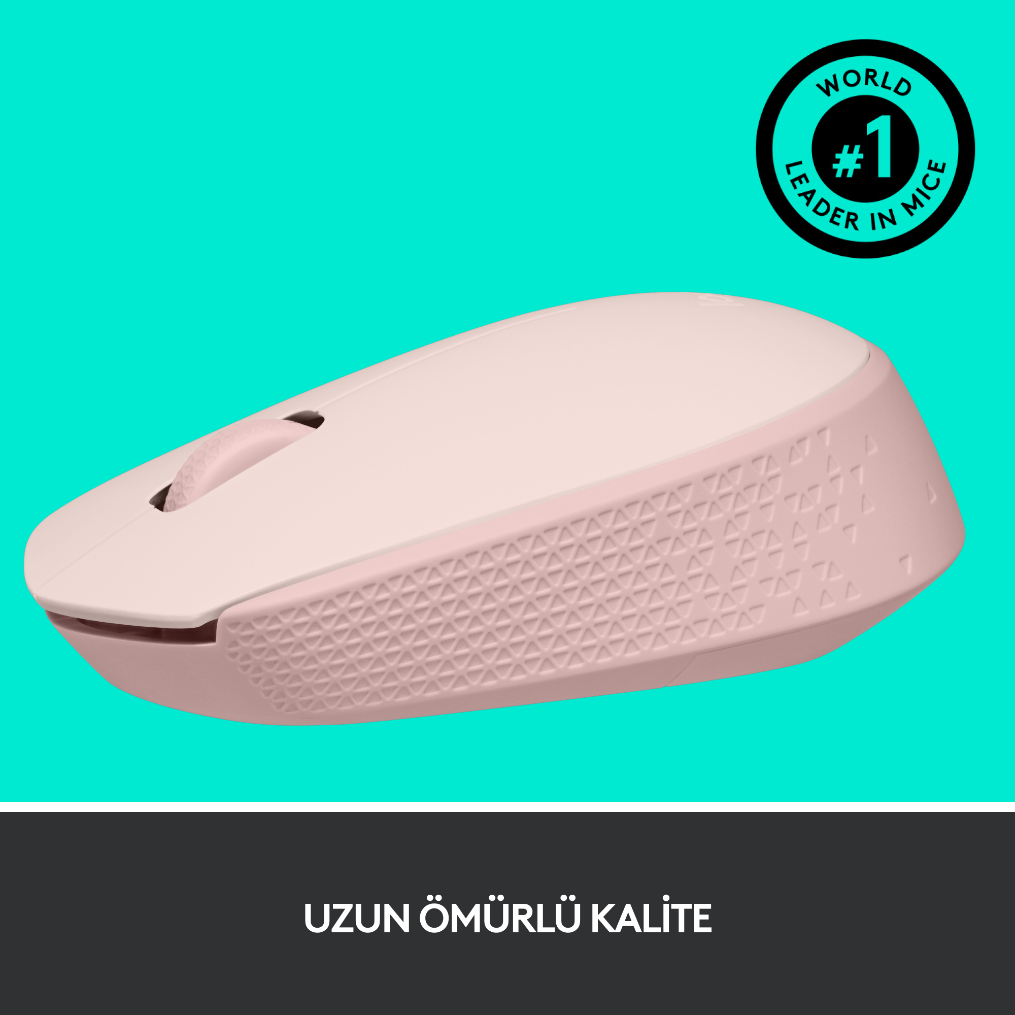 Teal arka plan üzerinde pembe Logitech fare. Metin: DÜNYA #1 FARE LİDERİ.