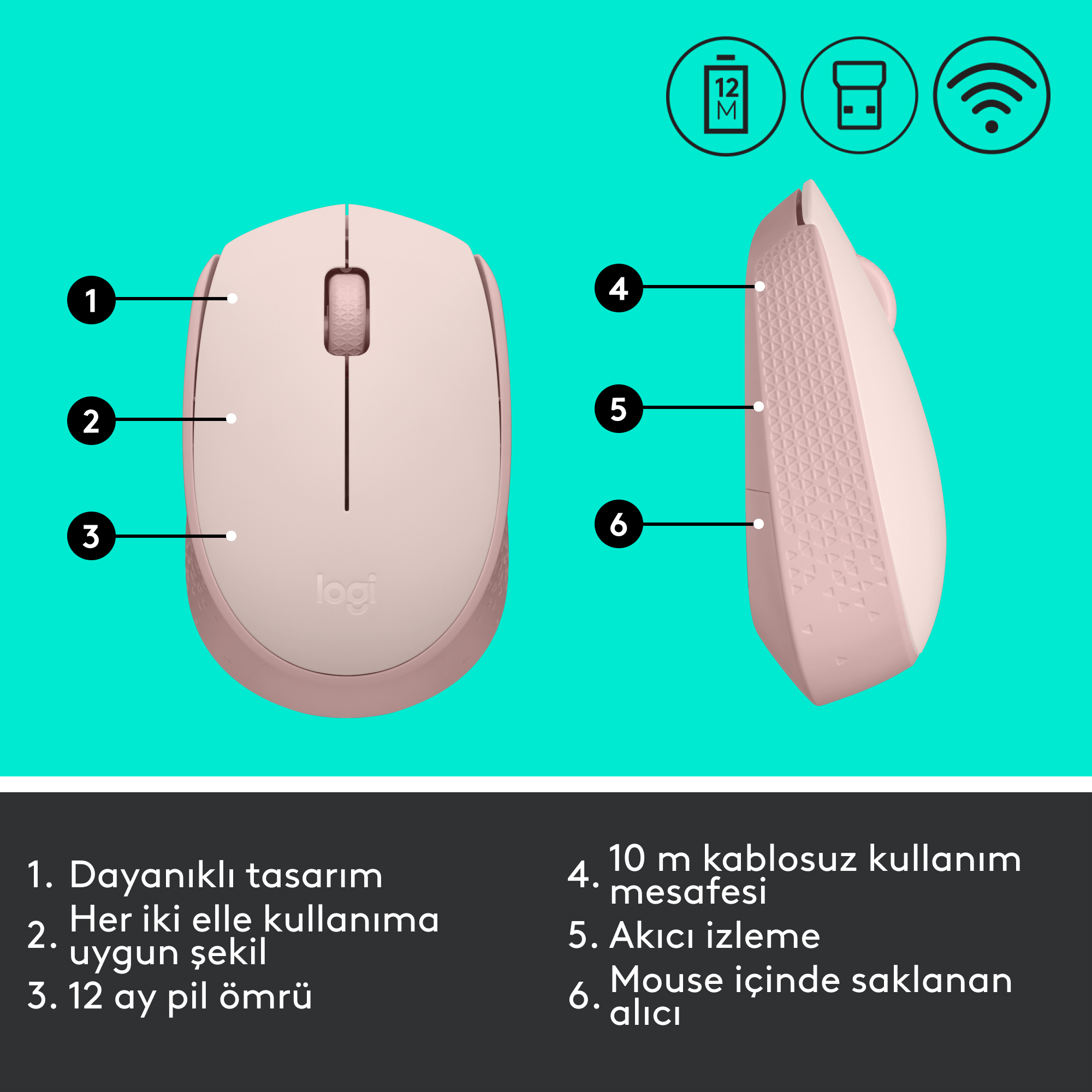Pembe bilgisayar faresi, düğmeler ve etiketlerle.