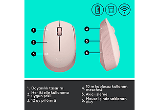 LOGITECH M171 USB Alıcılı Kablosuz Kompakt Mouse - Pembe_6