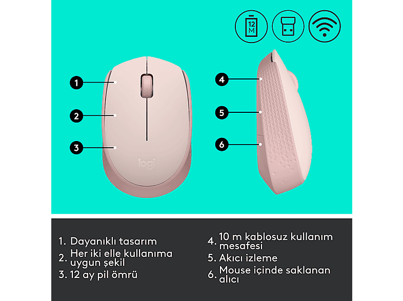 LOGITECH M171 USB Alıcılı Kablosuz Kompakt Mouse - Pembe_6