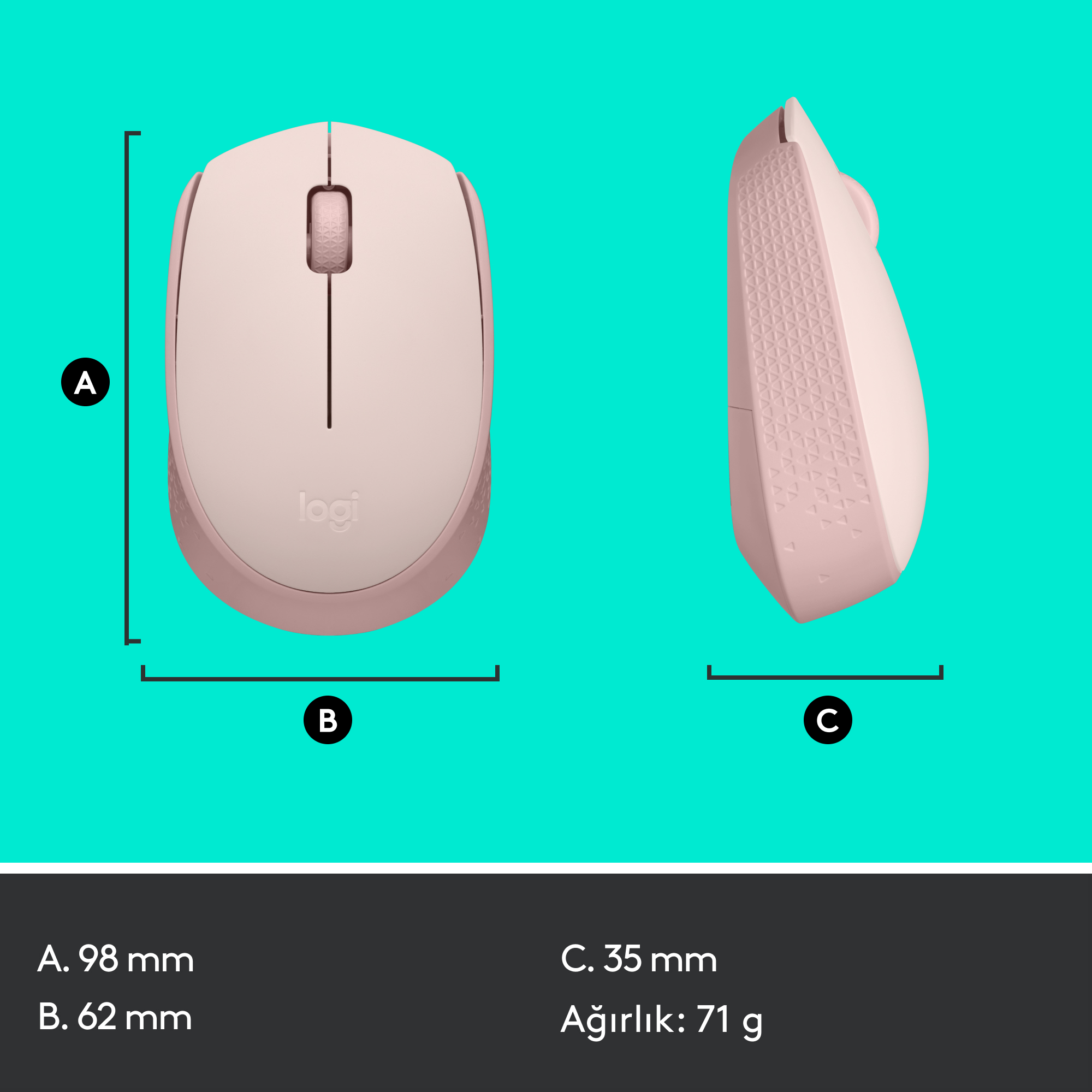 Boyut detayları olan pembe Logitech fare: 98 mm x 62 mm x 35 mm, 71 g ağırlık.