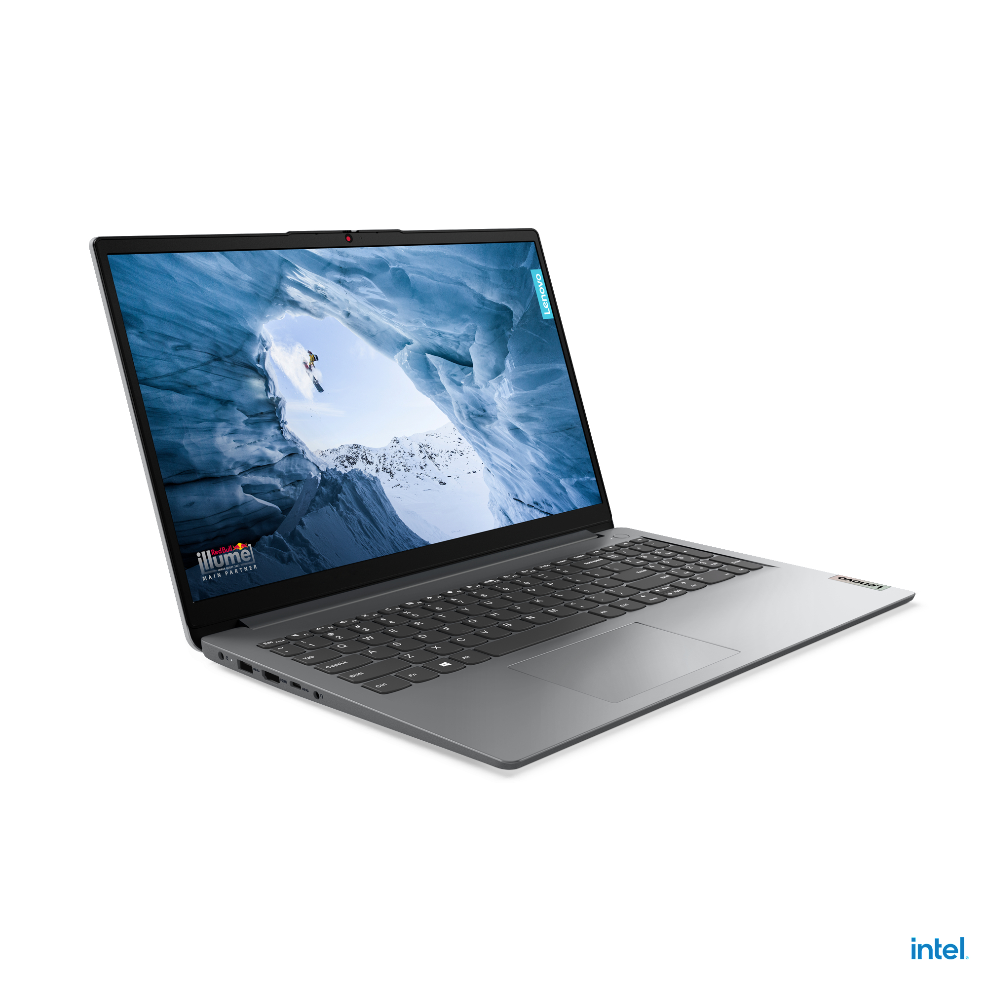 Silberner Laptop mit einem Bildschirm, der eine verschneite Höhlenszene zeigt. Das Intel-Logo ist unten rechts sichtbar.
