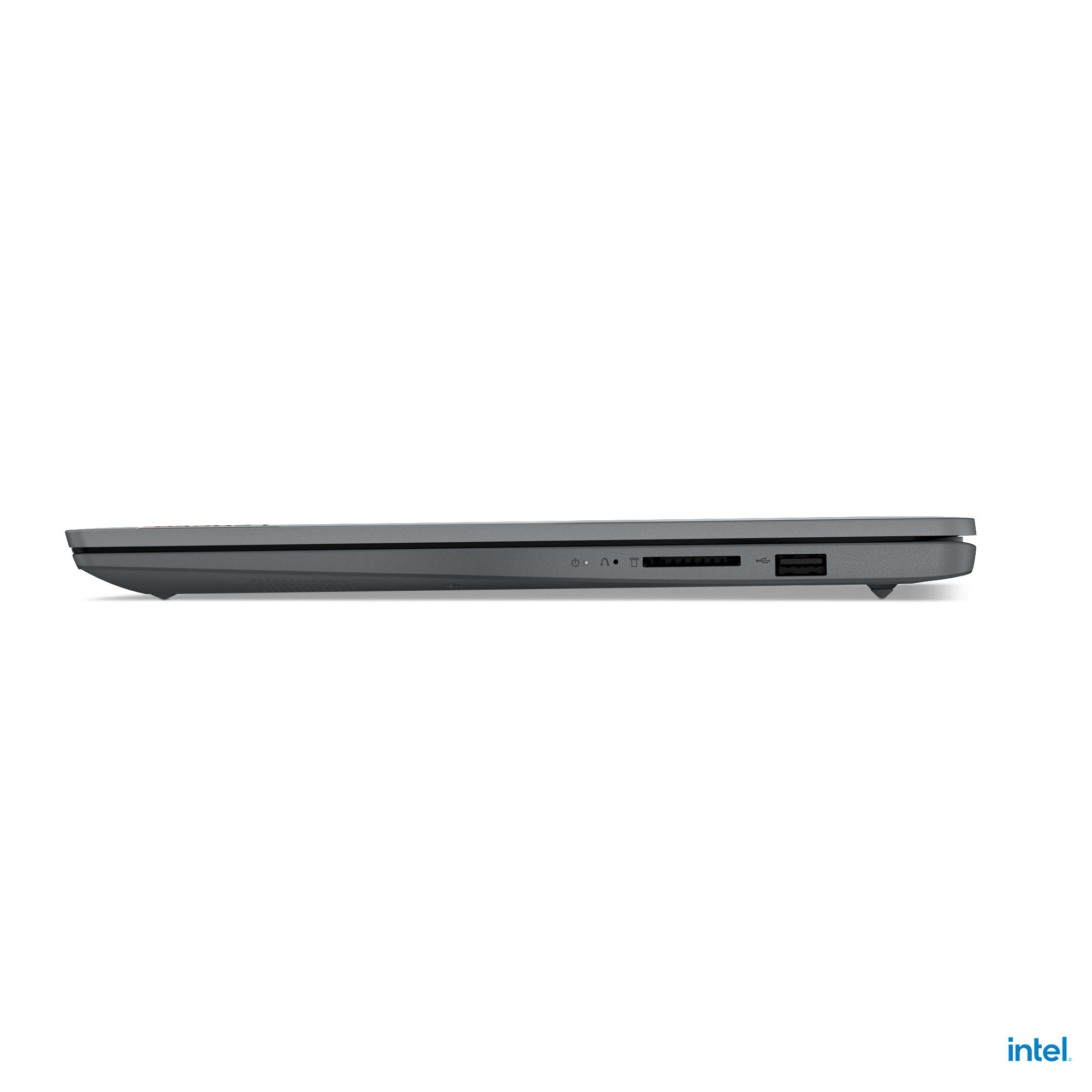 Laptop-Seitenansicht mit Anschlüssen und dem Intel-Logo. Der Laptop ist grau.
