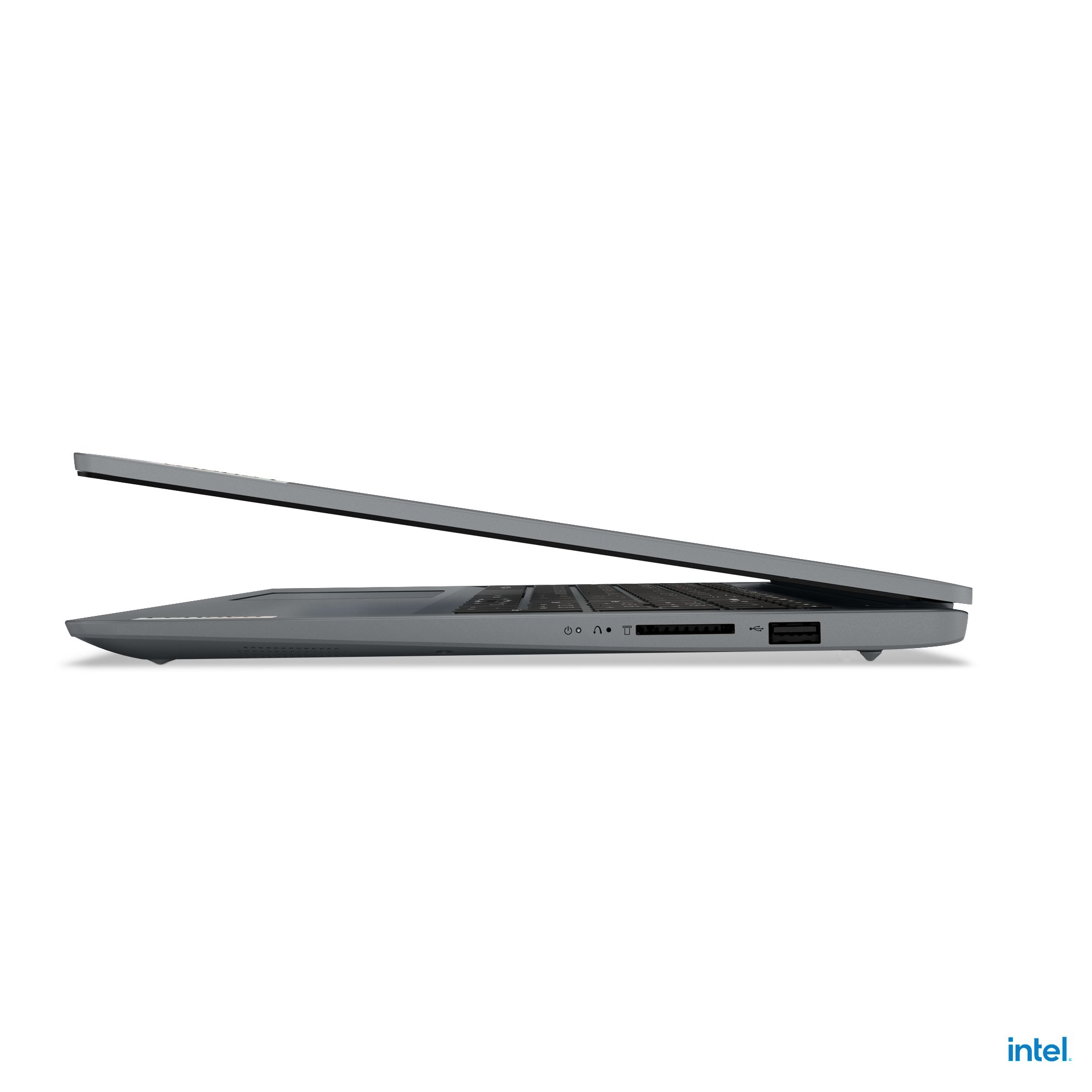 Ein grauer Laptop-Computer in Seitenansicht, geöffnet.