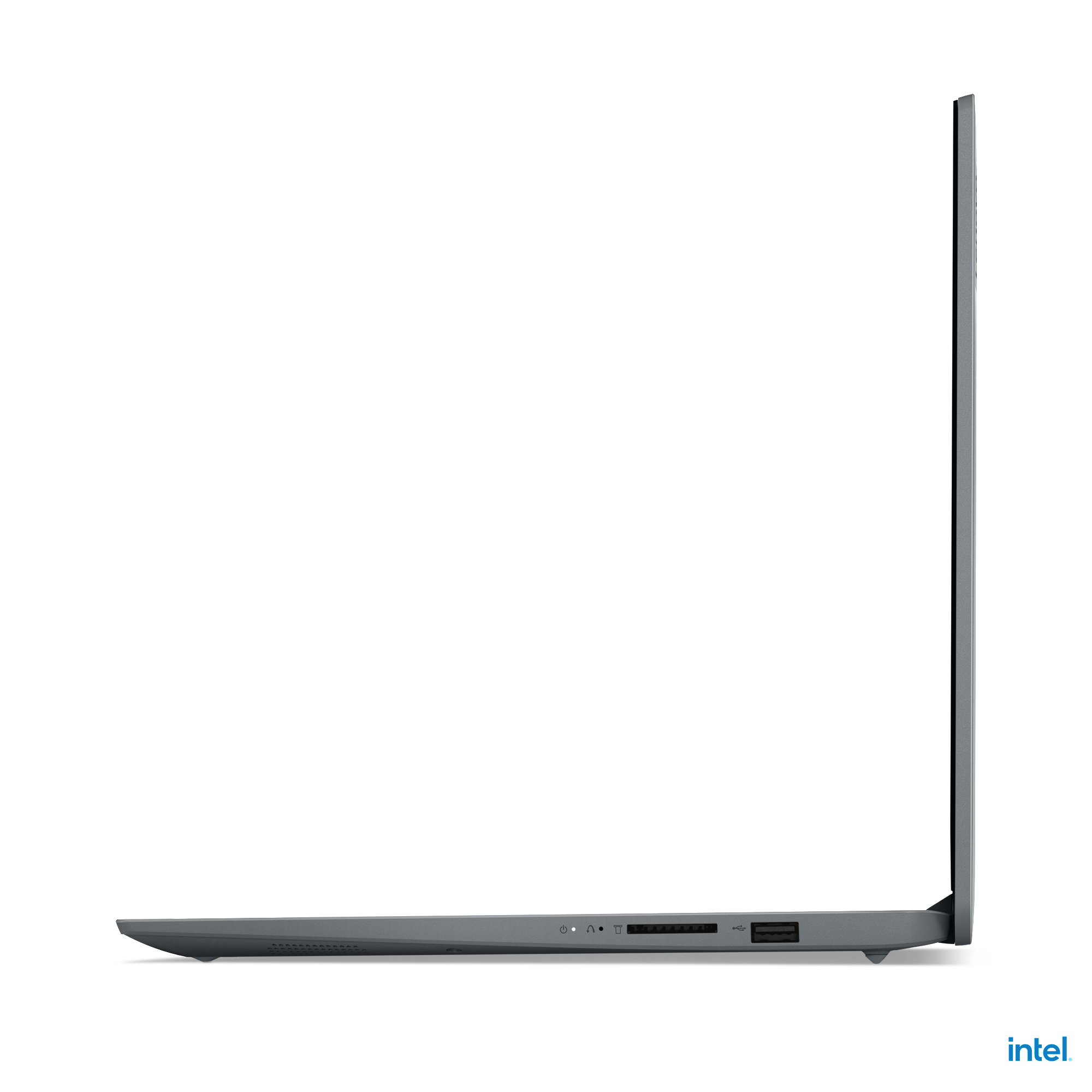 Laptop im Profil, graue Farbe, Intel-Logo.