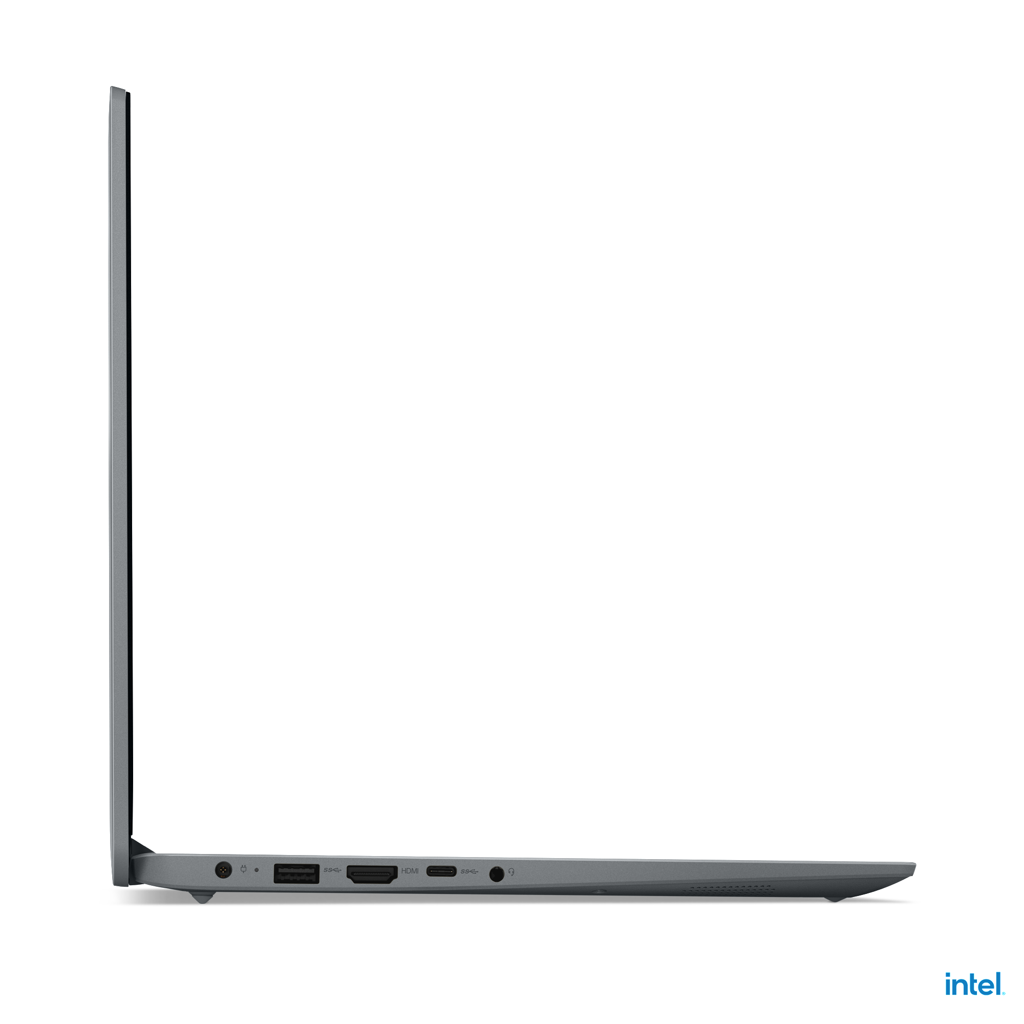 Seitenansicht eines grauen Laptops mit Anschlüssen an der Seite, vor weißem Hintergrund.