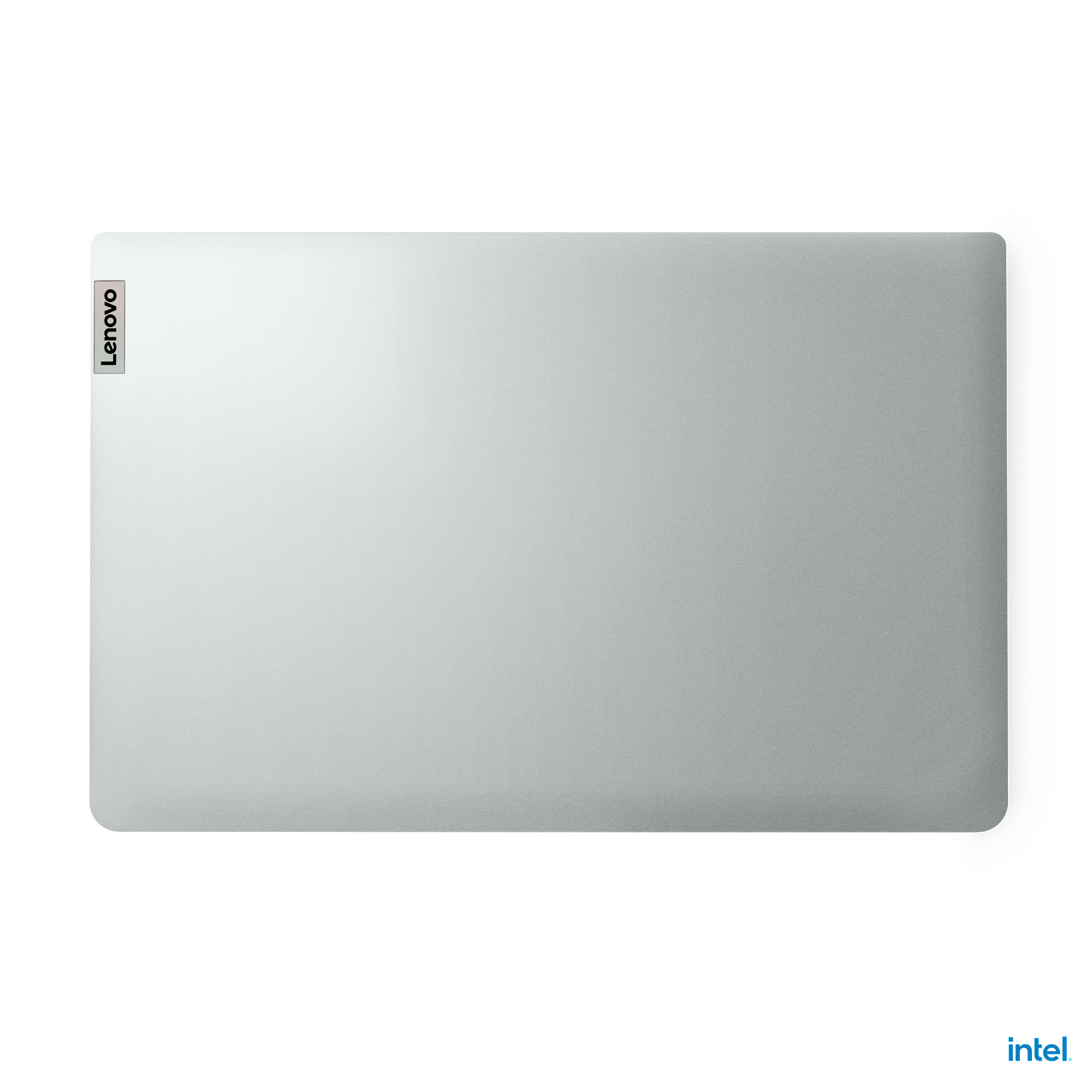 Silberner Laptop mit Lenovo-Logo und Intel-Logo am unteren Rand.