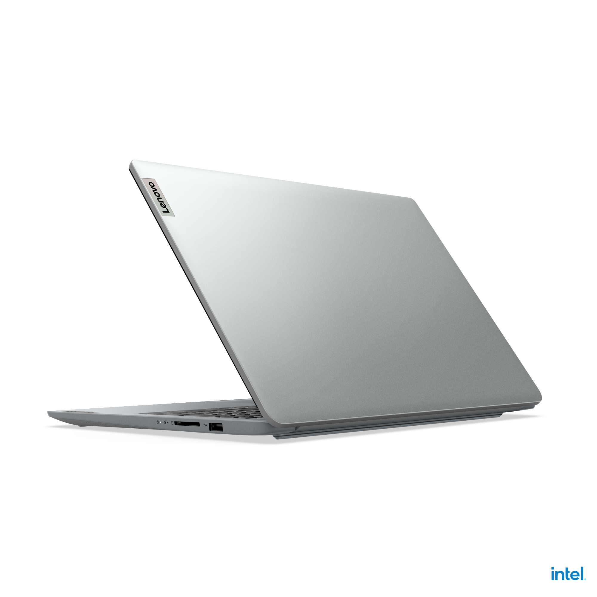 Silberner Laptop mit Lenovo-Logo geöffnet auf weißem Hintergrund.