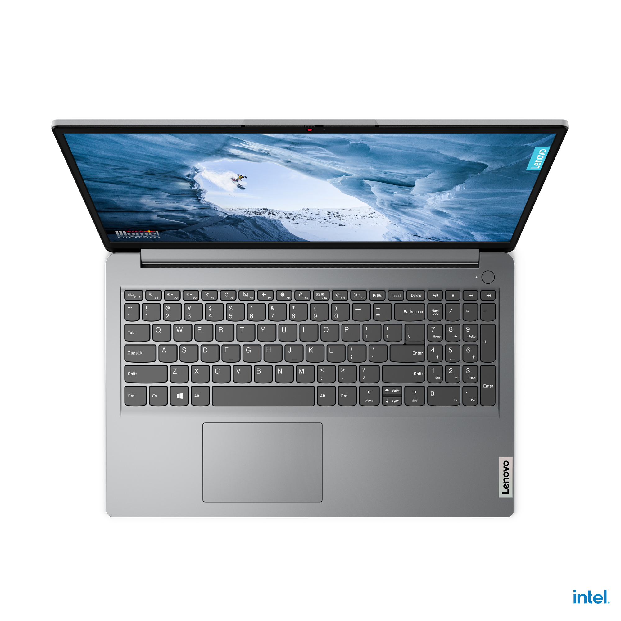 Ein Laptop mit geöffnetem Bildschirm, der ein Bild einer schneebedeckten Berglandschaft zeigt.