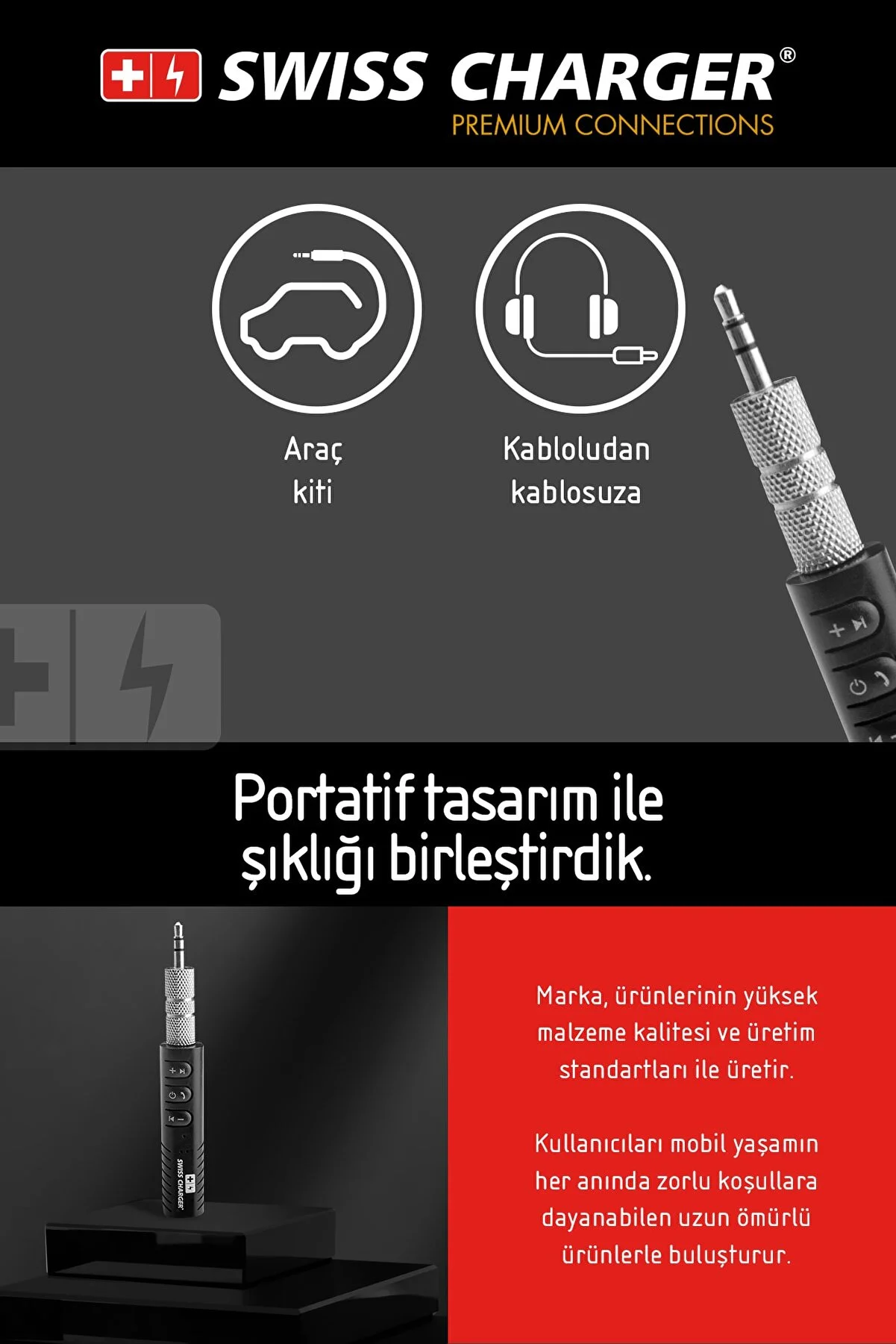Türkçe metinli bir Swiss Charger cihazı için tanıtım grafiği.