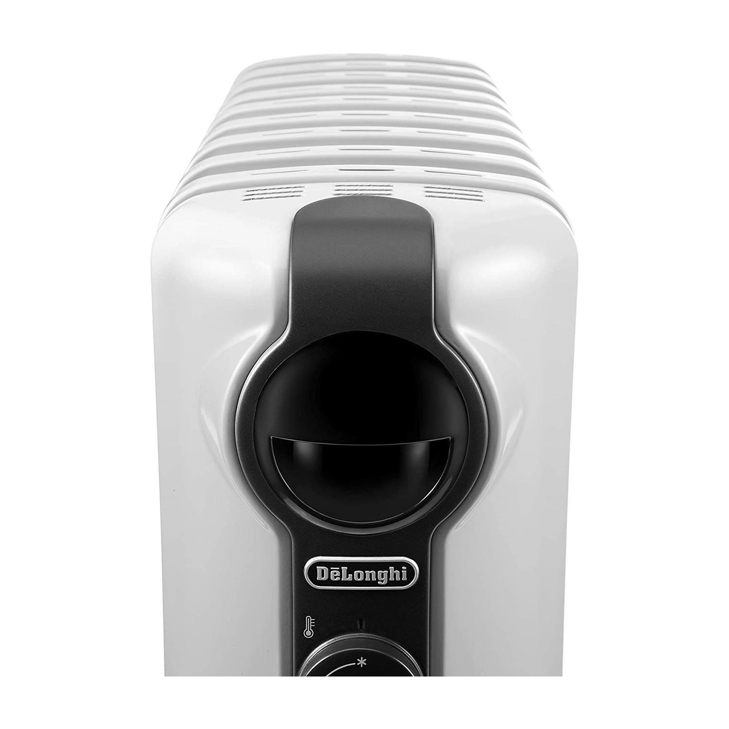 Un radiatore a olio DeLonghi bianco con pannello di controllo nero.