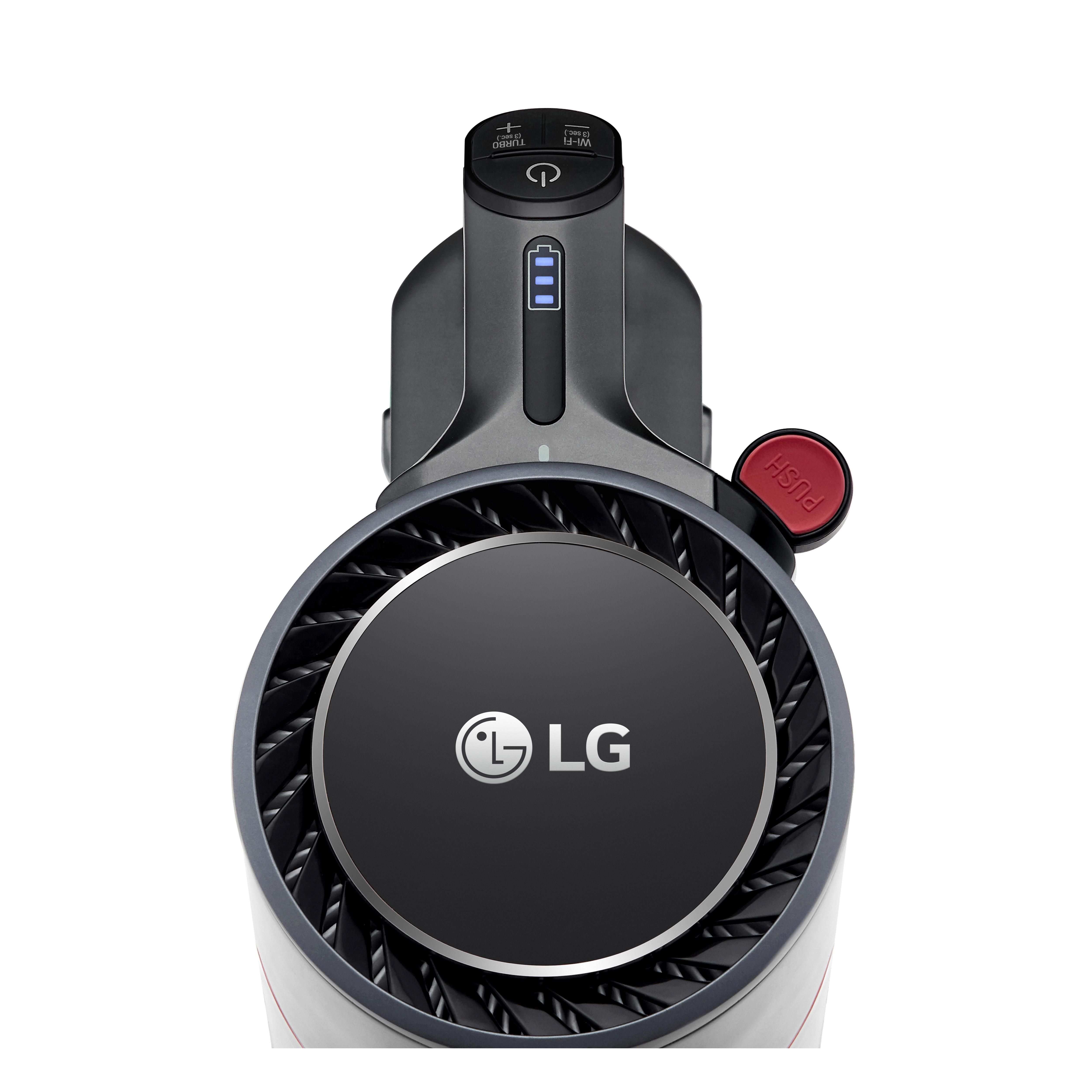 LG Akku-Staubsauger, Draufsicht. Schwarz und grau mit einem roten Knopf mit der Aufschrift 'PUSH'.