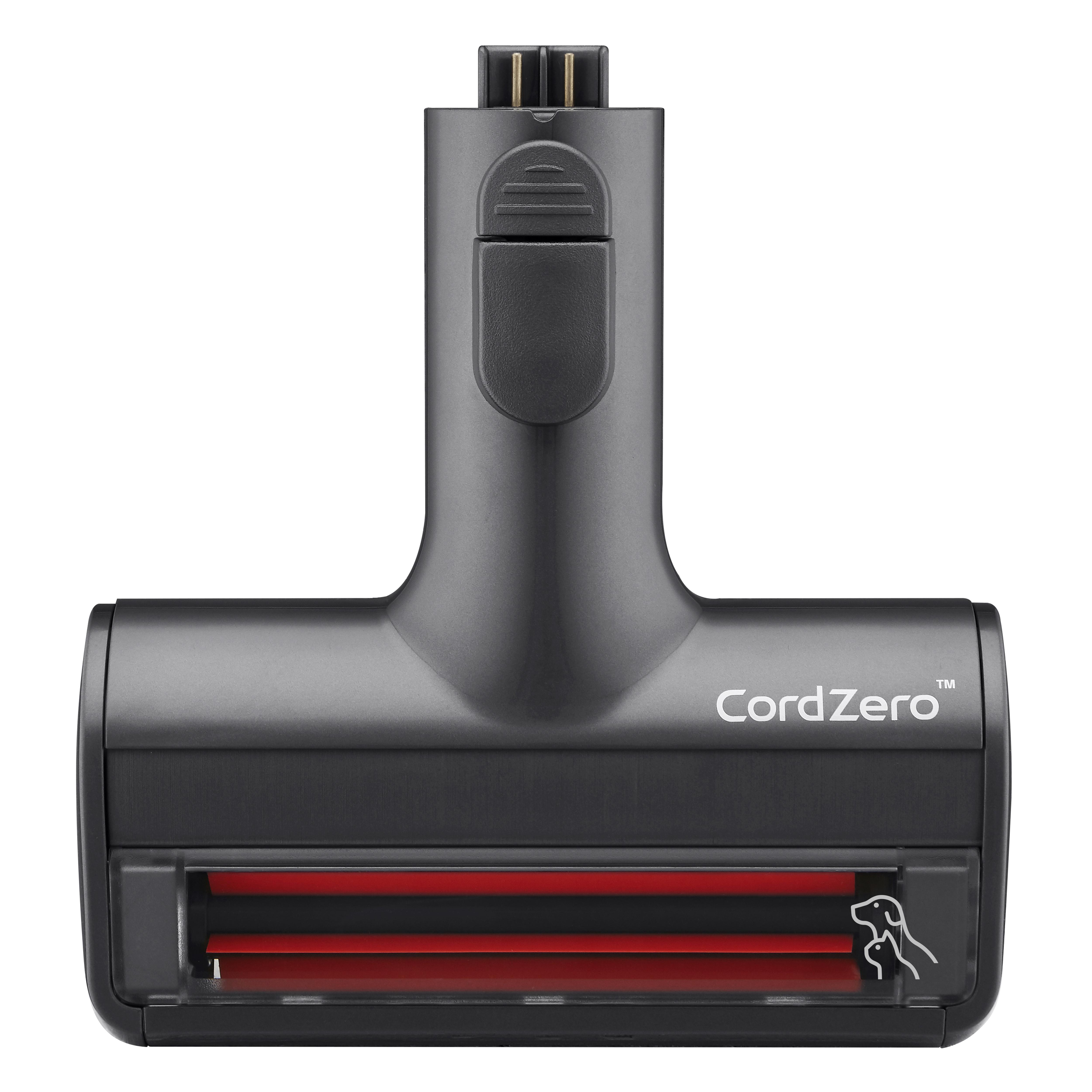 Schwarzer CordZero Staubsaugerkopf mit roten Bürstenrollen und CordZero-Logo.