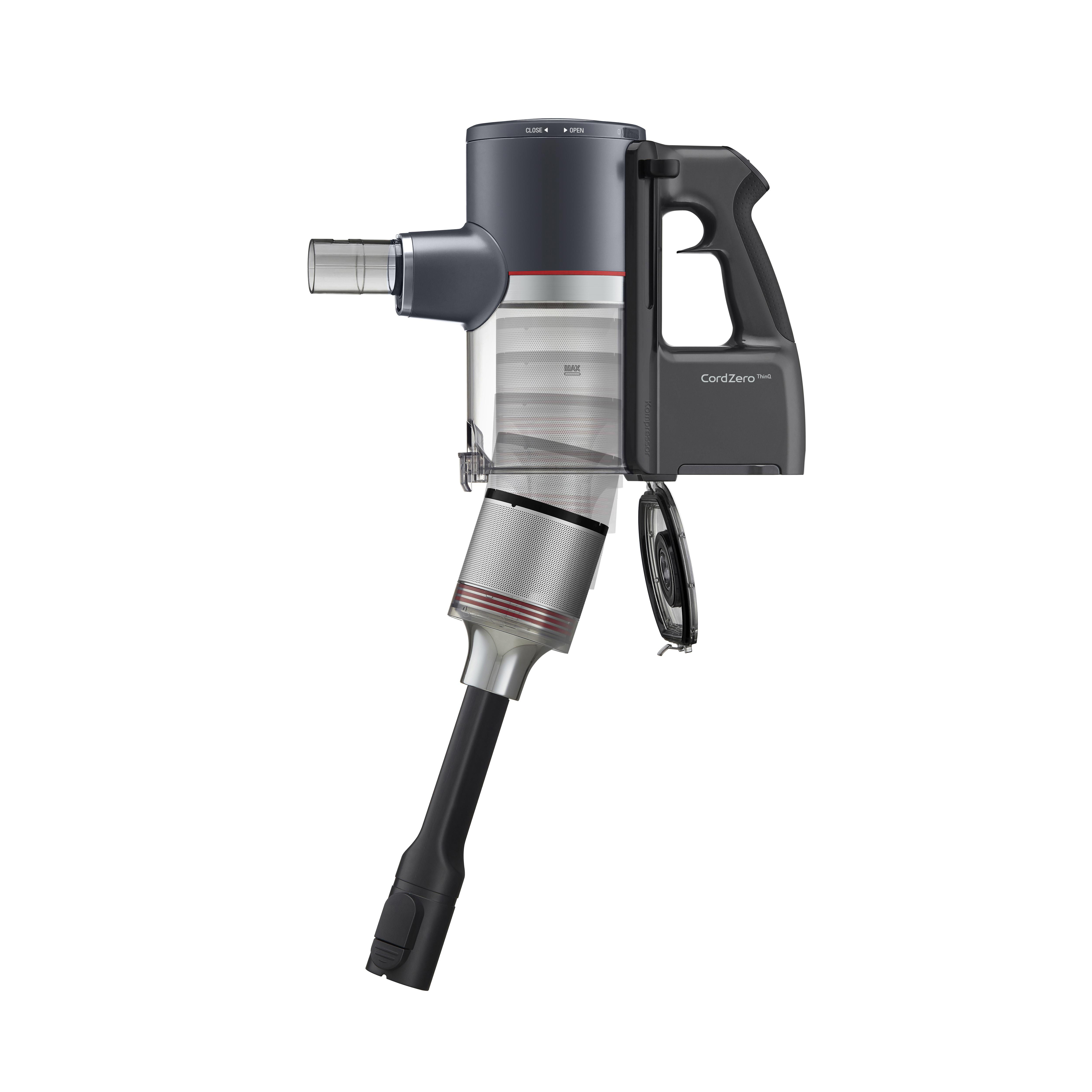 Schnittansicht eines kabellosen Staubsaugers, die interne Komponenten und das Design zeigt.