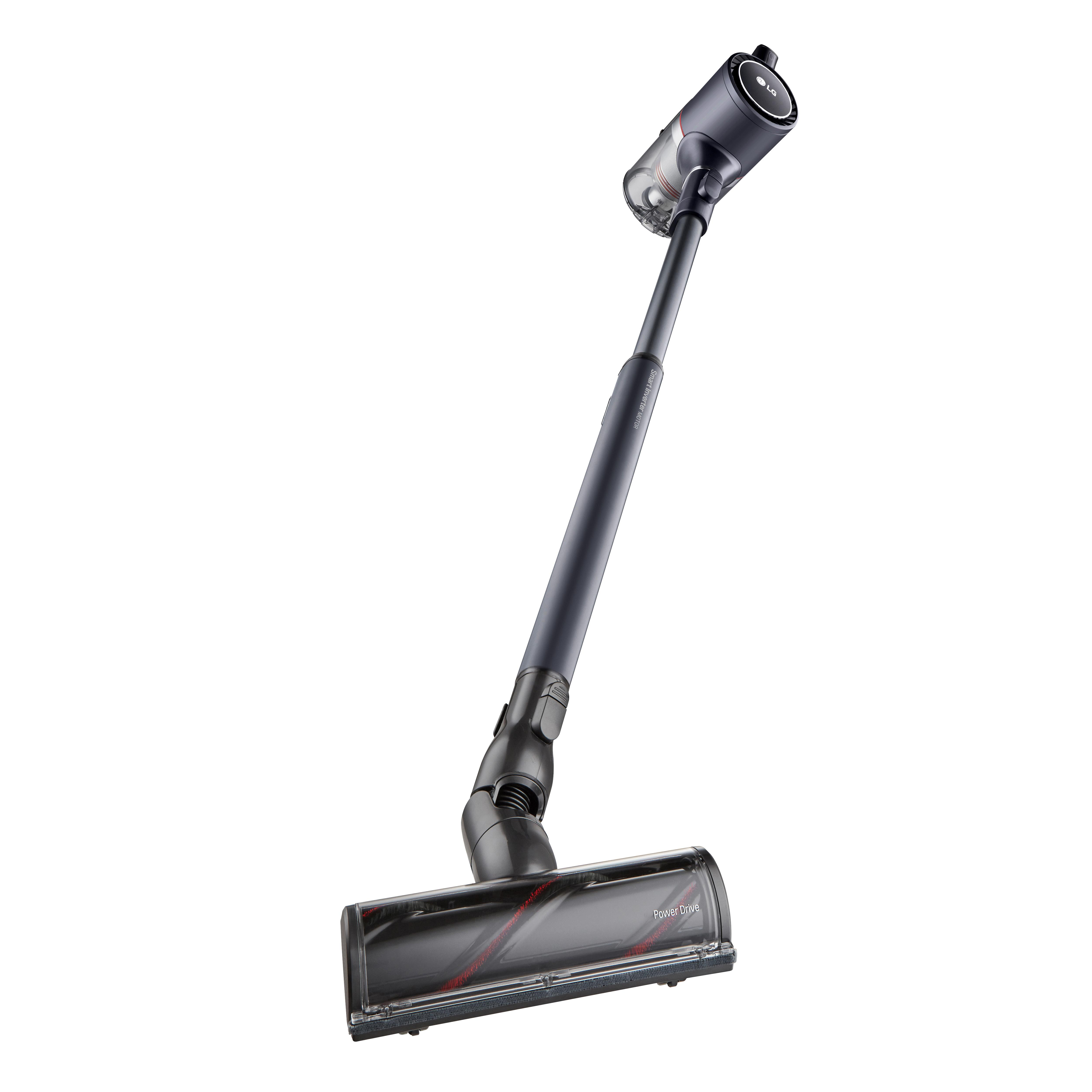 Ein schwarz-grauer kabelloser Staubsauger mit LG-Logo, ausgefahrenem Griff und rotem Bürstenkopf.