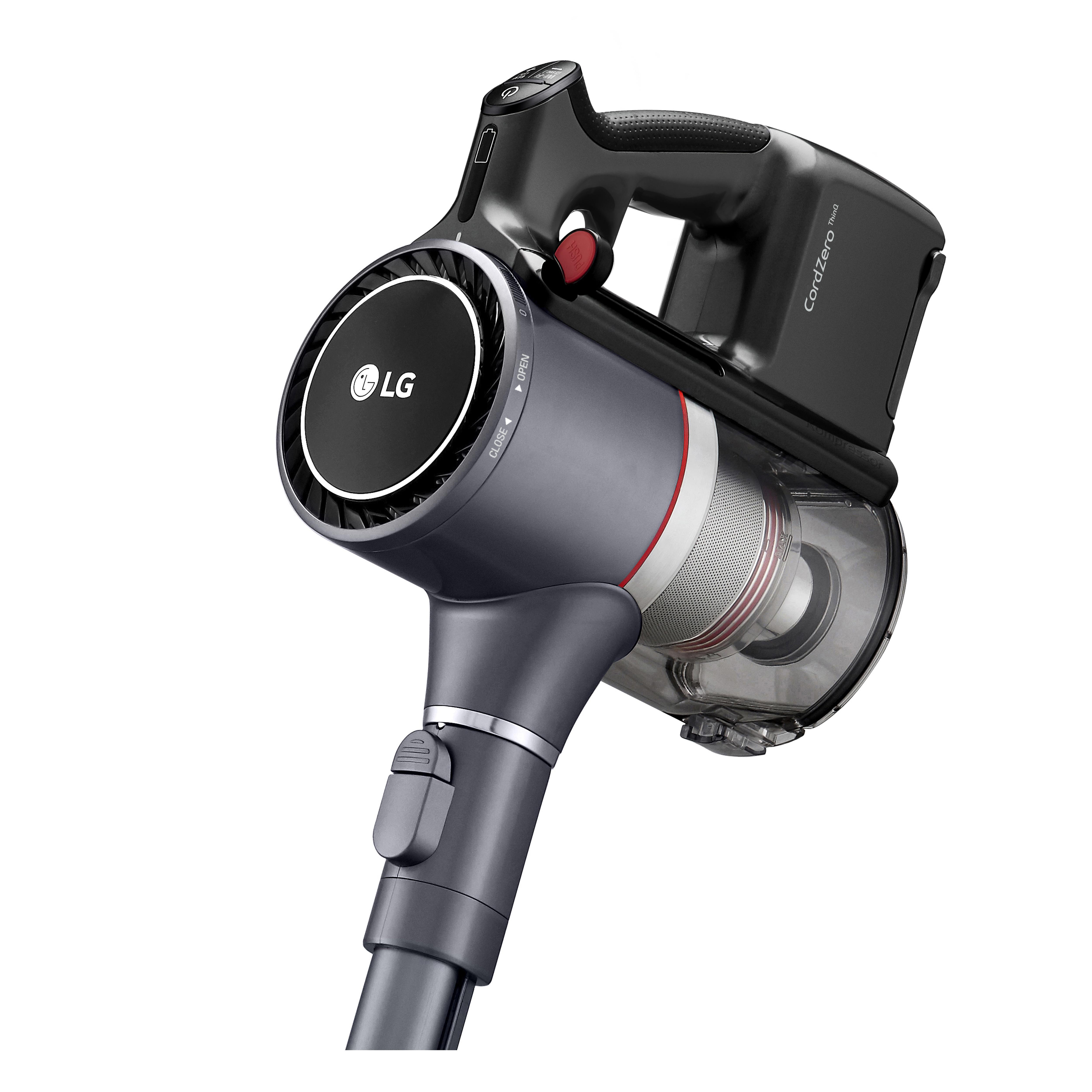 LG CordZero Stielstaubsauger. Dunkelgrau mit rotem Knopf. Weißer Hintergrund.
