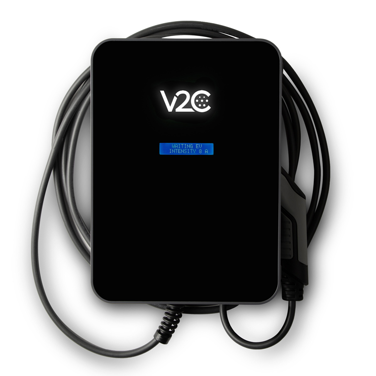 Estación de carga negra con cable y pantalla azul que dice "Waiting EV".