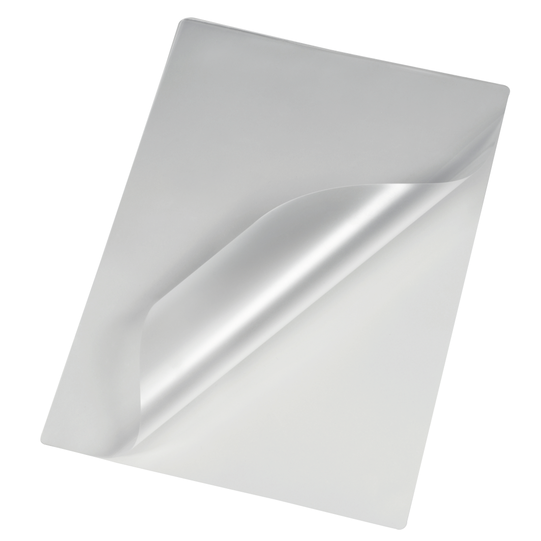 Een vel doorzichtig plastic met een hoek omgevouwen, waardoor het zilveren oppervlak eronder zichtbaar wordt.