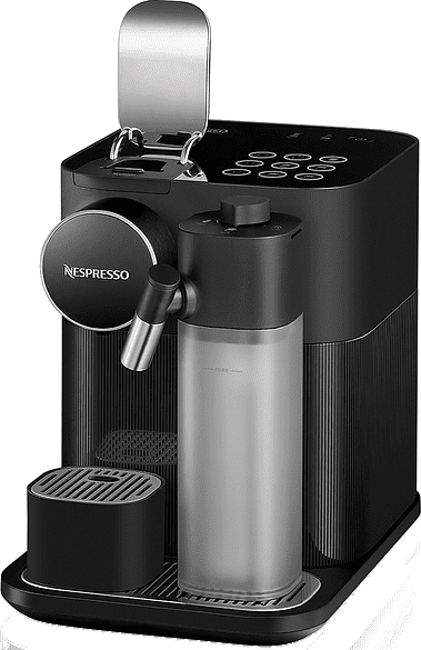 Egy fekete-ezüst Nespresso kávéfőző, tejhabosítóval.