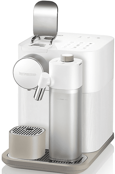 Fehér Nespresso kávéfőző átlátszó víztartállyal és egy kis szürke kapszulatartóval.