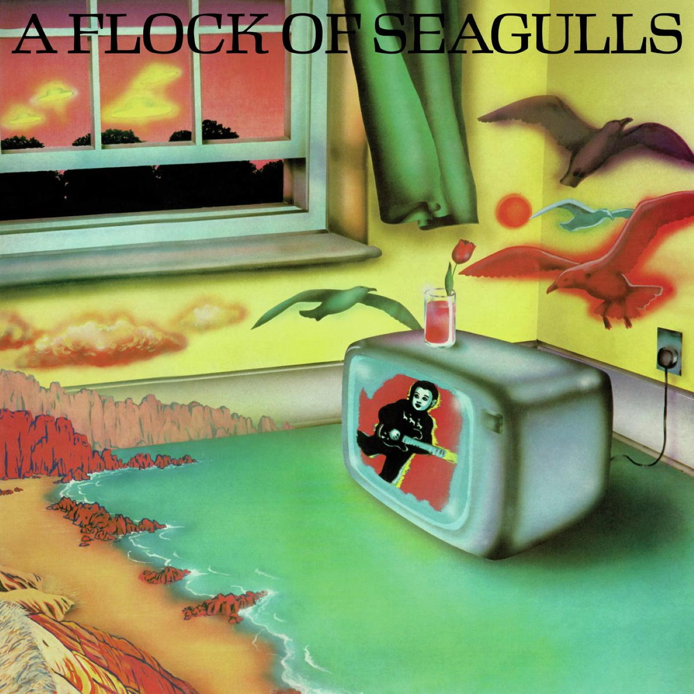 Pochette de l'album A Flock of Seagulls, intérieur, TV, mouettes, paysage surréaliste.