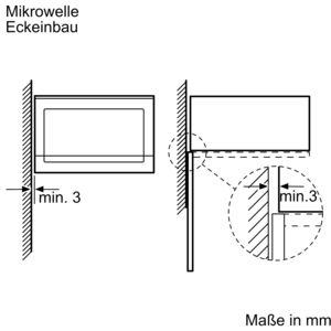 Diagramm eines Einbau-Mikrowellenherds, zeigt Abmessungen und Platzierungsdetails. Maße in Millimetern.
