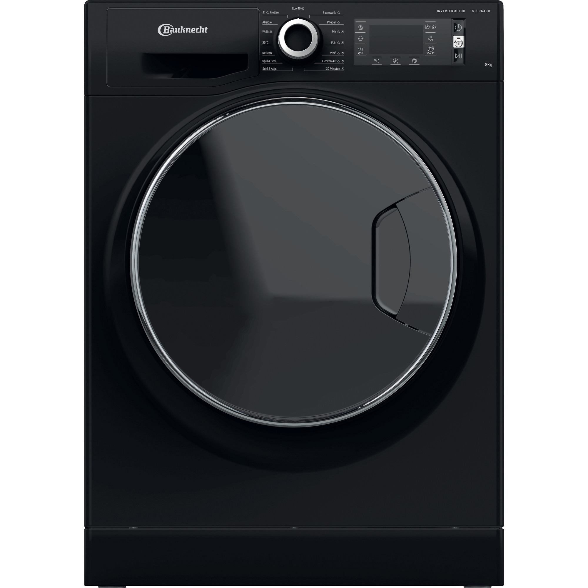 Schwarze Waschmaschine mit geschlossener Tür, schwarzer Front. Bauknecht ist die Marke.