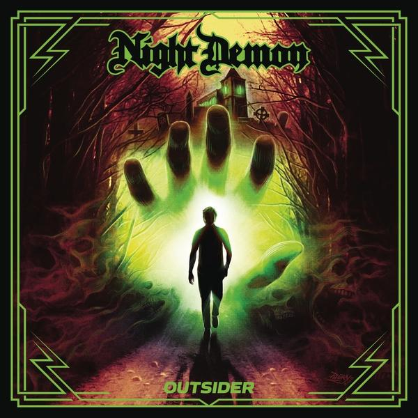 Albumcover: Person geht auf leuchtende Hand zu, dunkler Wald, Night Demon.