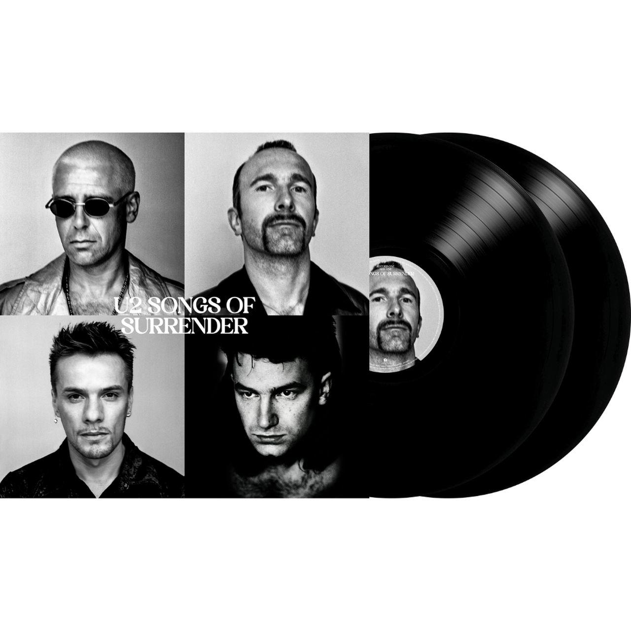 Album borítója a zenekar tagjainak arcával és két fekete bakelit lemezzel. A cím: U2 Songs of Surrender.