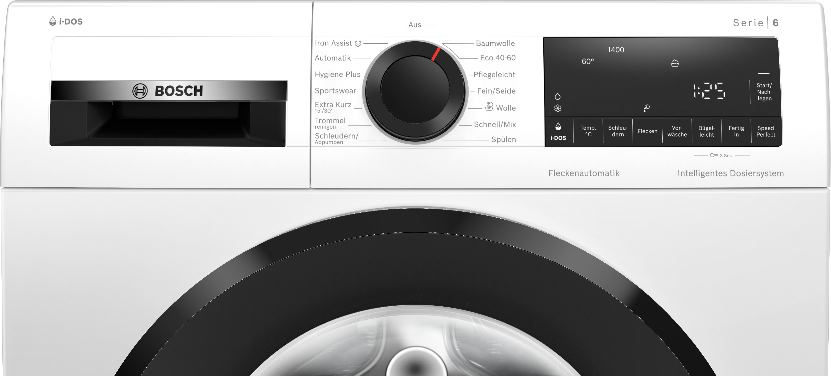 Eine weiße Bosch-Waschmaschine mit schwarzer Tür und Bedienfeld. Sie hat ein Dreh- und ein Digitaldisplay.