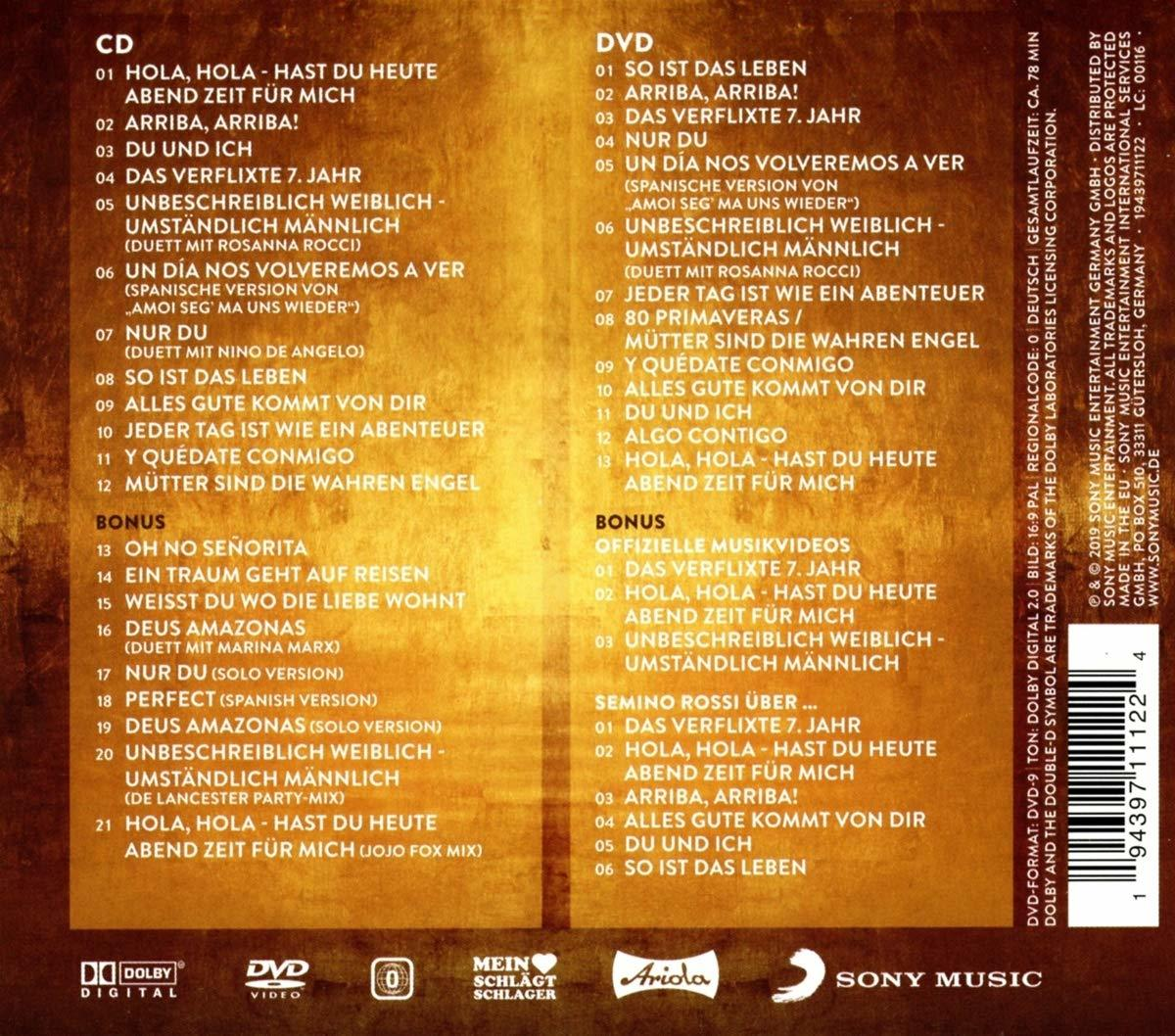 Die CD- und DVD-Titelliste für ein Musikalbum, mit Text auf Deutsch.