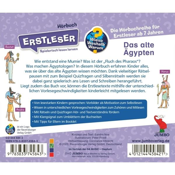 Rückseite eines Hörbuchs. Es zeigt Text und Illustrationen über das alte Ägypten.