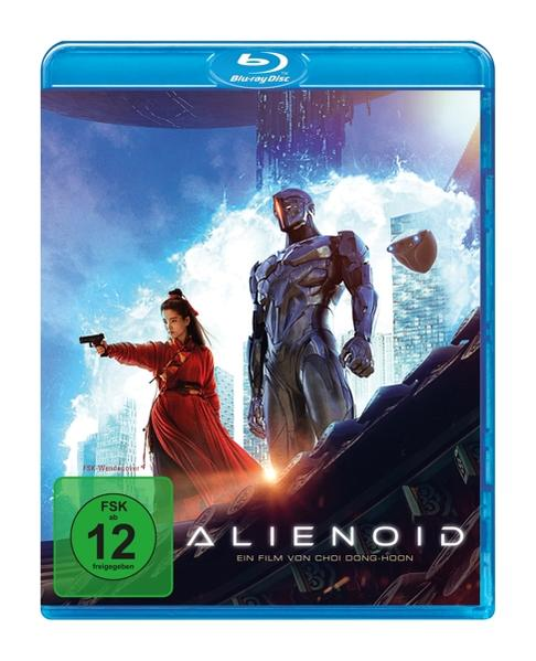 Blu-ray-Disc-Hülle mit einer Filmszene. Futuristisch Figuren vor einer Stadt. Titel ist 'Alienoid'.