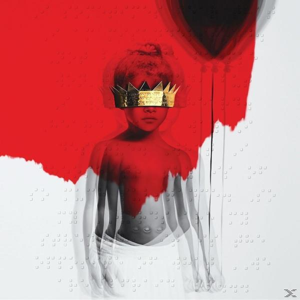 Junge Person mit goldener Krone, roter Hintergrund, weiße Punkte. Rihanna.