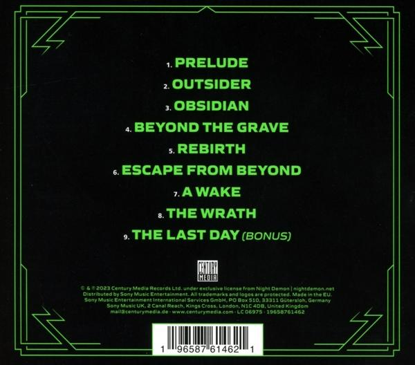 Rückseite einer CD-Hülle mit Titelliste und Informationen zum Label. Grün-schwarzes Farbschema.