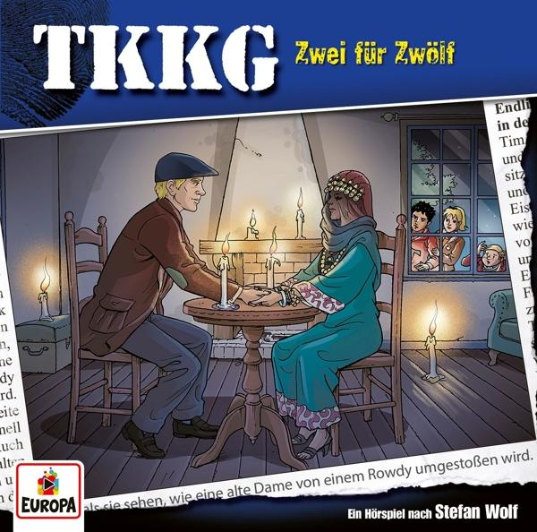 Ein Buchcover mit Zeichentrickfiguren. Ein Mann und eine Frau halten sich an einem Tisch an den Händen. Titel ist 'TKKG'.
