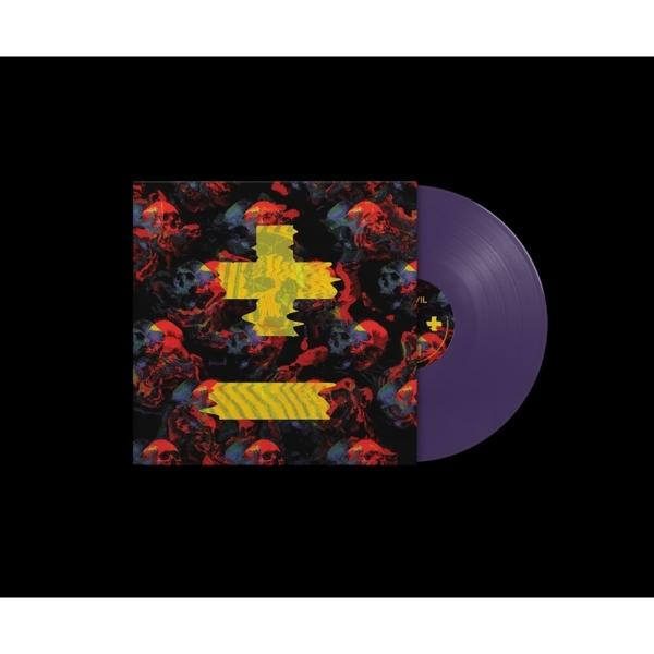 Vinylalbum mit einer lila Schallplatte. Das Cover hat ein Plus-Symbol mit roten und gelben Elementen.