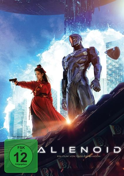 Alienoid-Filmcover. Frau mit Pistole und Roboter im Hintergrund. Blau-rotes Farbschema.